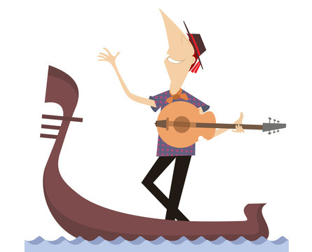 guitarist on gondola, playing music, waving