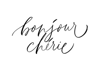 Bonjour cherie - vector modern brush calligraphy. Hello sweetheart phrase in French. Love quote. © Anastasiia Hevko