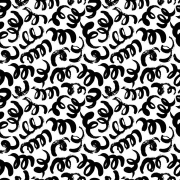 Swirls and curls vector seamless pattern. Grunge black paint brush strokes. Curly hair imitation doodle ornament.