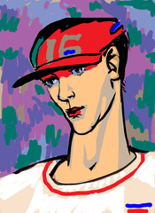 colored sketch illustration of thin man in cap
