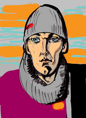 colored sketch illustration of man in winter hat and big blue eyes