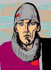 colored sketch illustration of man in winter hat and big blue eyes