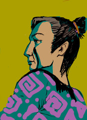 colored sketch illustration of Asian man with tail on head