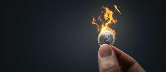 Burning Euro coin panorama - obrazy, fototapety, plakaty
