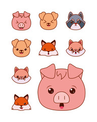 Cute kawaii animals cartoons line and fill style icon set vector design