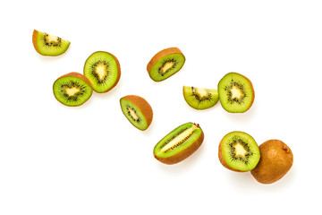 Fresh kiwi fruit, slices green color layout isolated on white. Healthy fruity diet concept. Sweet summer whole, cut kiwi background. Creative colorful kiwi fruit vegan flat lay.