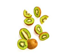 Fresh kiwi fruit, slices green color layout isolated on white. Healthy fruity diet concept. Sweet...