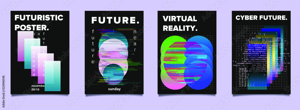 Aufkleber Set of cyberpunk/ vaporwave/ synthwave style futuristic posters with gradient shapes and glitch artifacts. Collection of covers for hackathon, informational security event.