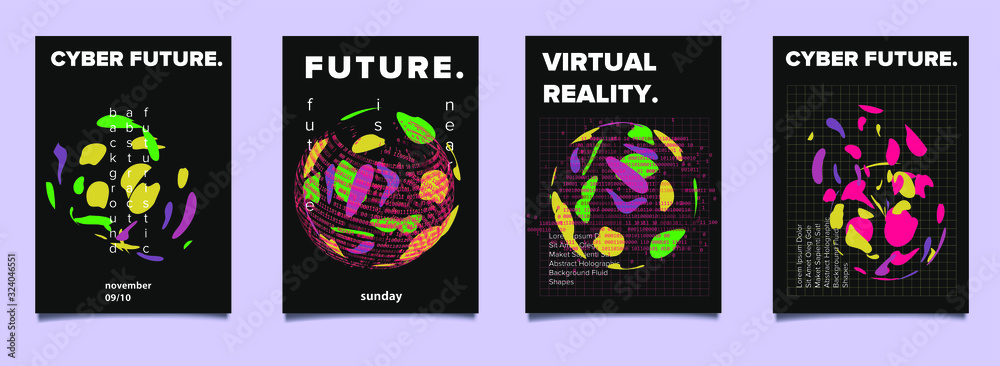 Poster Set of cyberpunk/ vaporwave/ synthwave style futuristic posters with binary code and 3d figures. Collection of covers for hackathon, informational security or infosec event.