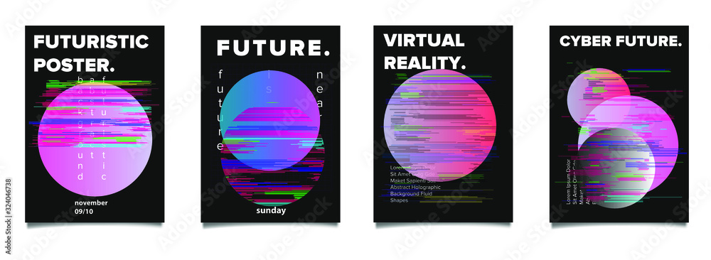 Poster Set of cyberpunk/ vaporwave/ synthwave style futuristic posters with gradient shapes and glitch artifacts. Collection of covers for hackathon, informational security event.