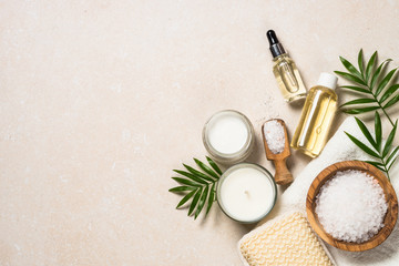 Spa skincare product at stone table.