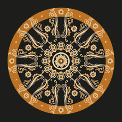 Vintage old ornamental pattern in a circle. Decorative swirling scroll elements a gold or yellow-brown color on black background. - 324049330