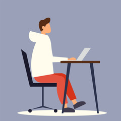 Man sits at a table and works on a laptop. Man working with computer laptop. Young businessman working with laptop at office. Vector illustration.