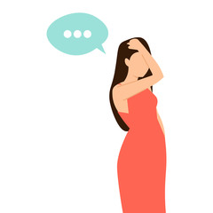 Pensive young girl wearing red dress. Thinking about question, pensive expression.  Vector illustration.