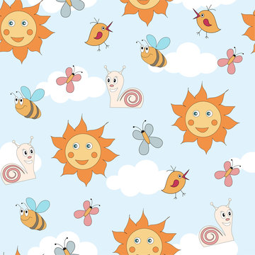 Dinosaurs, butterflies, bees. Seamless pattern for children. Vector flat image.  