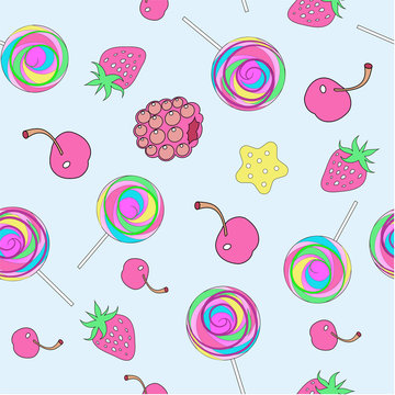 Cakes, cookies and fruits. Seamless pattern with sweets. Vector flat image.
