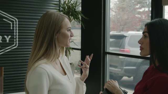 Slow motion of smiling businesswomen laughing in office lobby / Centerville, Utah, United States