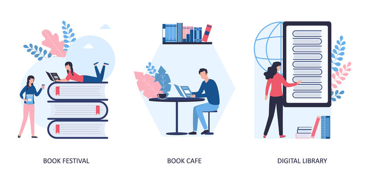 Set of 3 concepts: book festival and cafe, digital library. People are standing, lying and sitting reading books. Girl chooses literature online. Flat vector illustration.