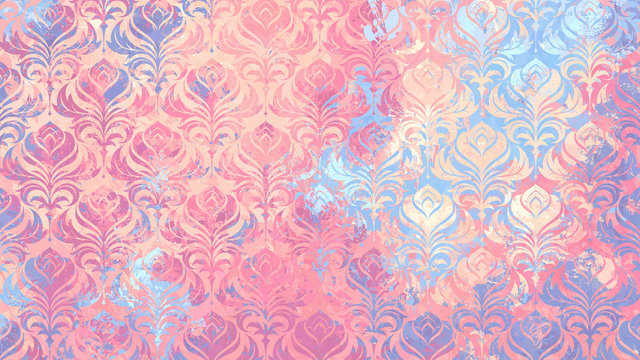 Swirl Damask Wallpaper Pattern background grunge texture, pastel rainbow watercolor paint splatter version