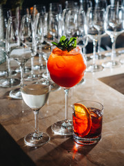 Cocktails on bar counter in night club bar