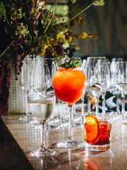 Cocktails on bar counter in night club bar