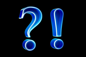 Question mark and exclamation mark with hologram effect, 3D rendering