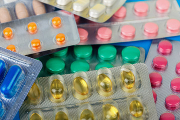 group of pharmaceutical medication and medicine pills in packs