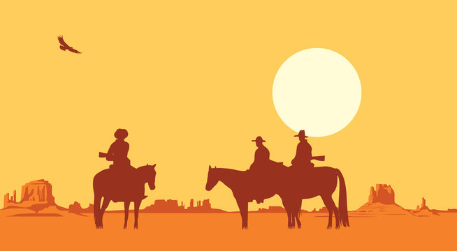 Vector landscape with wild American prairies and silhouettes of armed cowboys on horseback at sunset or dawn. Decorative illustration on the theme of the wild West.