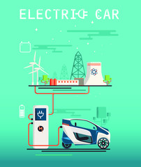 Vector Image. Мini electric car and electric station. Сharging system. flat design.Ecologically clean transport.