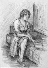 A sketch of a seated woman in clothes and reading a book. Pencil drawing on white paper.