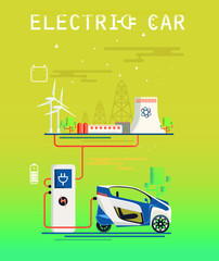 Vector Image. Мini electric car and electric station. Сharging system. flat design.Ecologically clean transport.