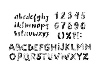 Alphabet grunge letters collection. Vector grunge textured font with numbers, lowercase and uppercase letters.