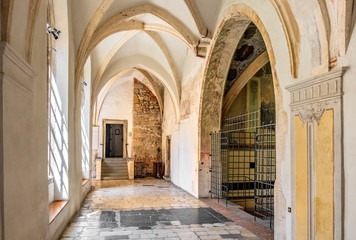 Tyniec, Poland - Gothic cloisters and passages of the Tyniec Benedictine Abbey at the Vistula River...