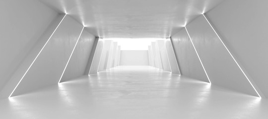 Obraz premium Nowoczesny tunel w futurystycznym wnętrzu z futurystycznym oświetleniem centralnej perspektywy 3d renderowania ilustracji