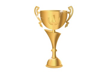 Realistic gold shiny trophy cup on white background. Number 1 winner place award. Vector illustration