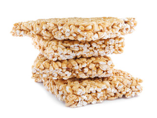 Delicious rice crispy treats on white background