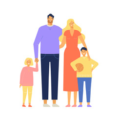 Father, mother, son and daughter are hugging and smiling together. Vector illustration of a happy family on white background. Flat design, isolated.