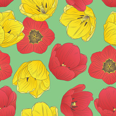 Vector illustration with spring tulip flowers. Beautiful bright seamless pattern