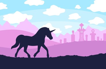 Fairytale landscape with unicorn, vector illustration