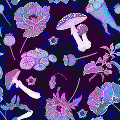 Seamless pattern, background with miraculous, hallucinogenic plants in botanical style in neon colors. Vector illustration