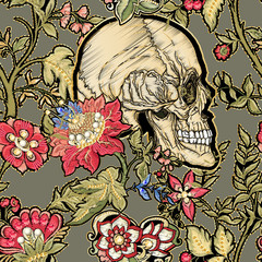 Seamless pattern, background with patch, embroidery imitation. Decorative floral motif with human skull in retro, vintage, jacobean embroidery style. Vector illustration on army green background