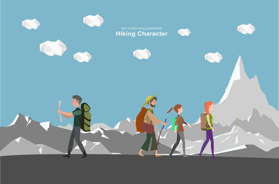 an illustration of the hikers. landscape with a green hill background.