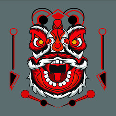lion dance with red fangs suitable for logos, product stamps, wall displays, apparel, etc.