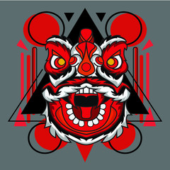lion dance with red fangs suitable for logos, product stamps, wall displays, apparel, etc.