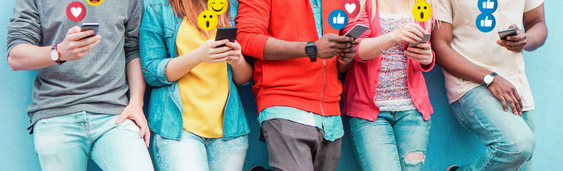 Group of millennial friends using mobile phones - Young people addiction to technology trends...
