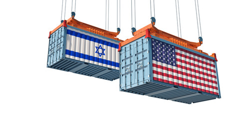 Fototapeta premium Freight container with USA and Israel flag. Isolated on white for compositing. 3D Rendering