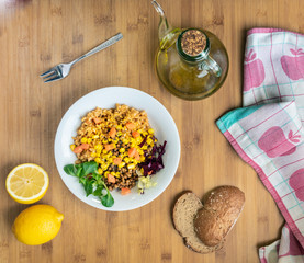healthy meal consisting of a lentil salad with brown rice