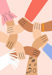 Flat vector simple illustration of a women's hands. Group of women holding each other's hands. Design element for 8 March cards, posters, banners.