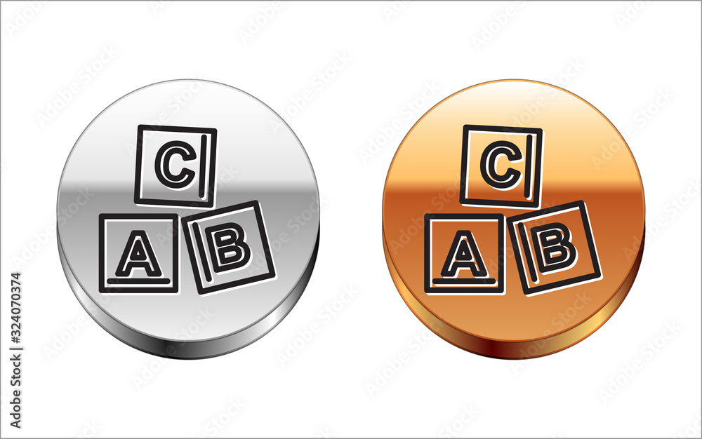 Poster Black line ABC blocks icon isolated on white background. Alphabet cubes with letters A,B,C. Silver-gold circle button. Vector Illustration