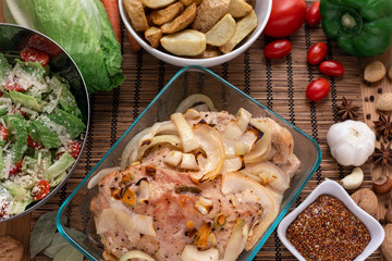 Fried piece of turkey meat with onions